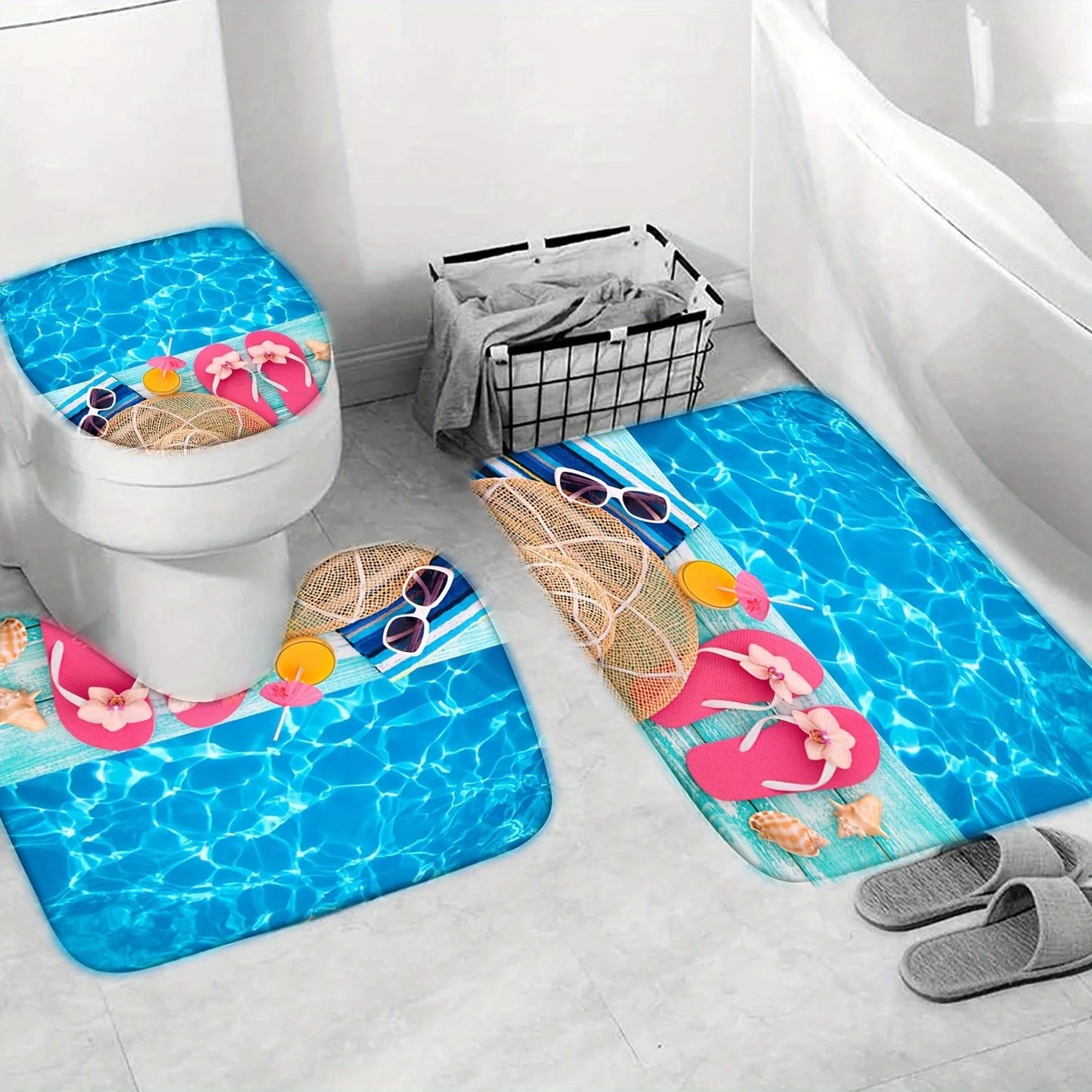 Set Pentru Baie: Perdea, Covorase Si Husa De Toaleta -  Summer Beach