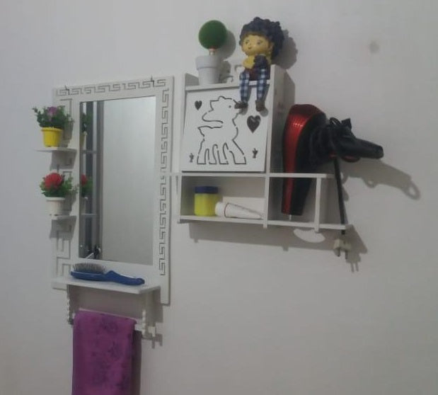 Raft de perete cu suport pentru uscator de par, 35x12 cm, Alb