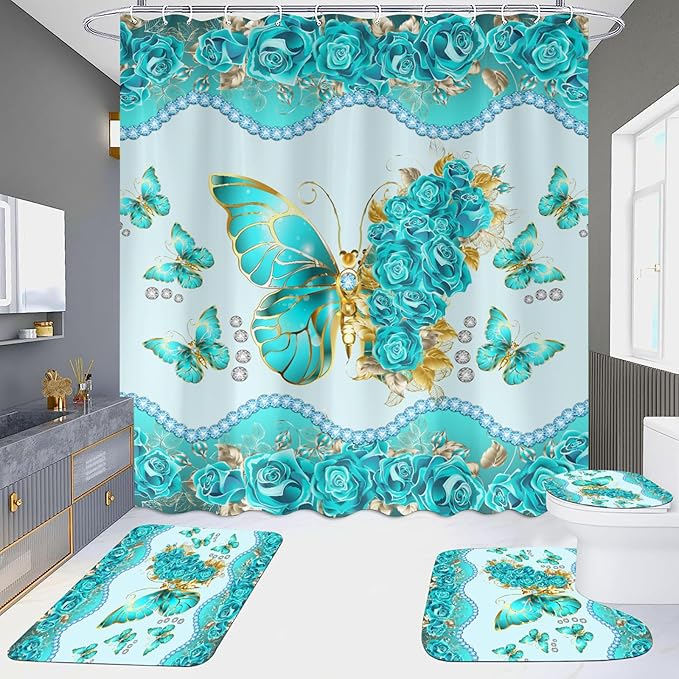 Set Pentru Baie: Perdea, Covorase Si Husa De Toaleta -  Turquoise Butterflies