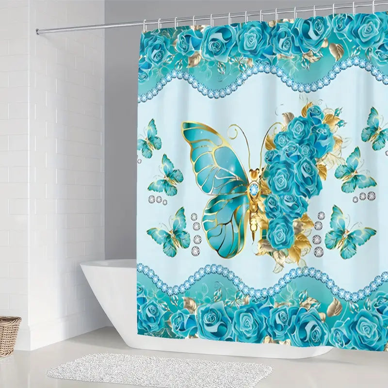 Set Pentru Baie: Perdea, Covorase Si Husa De Toaleta -  Turquoise Butterflies