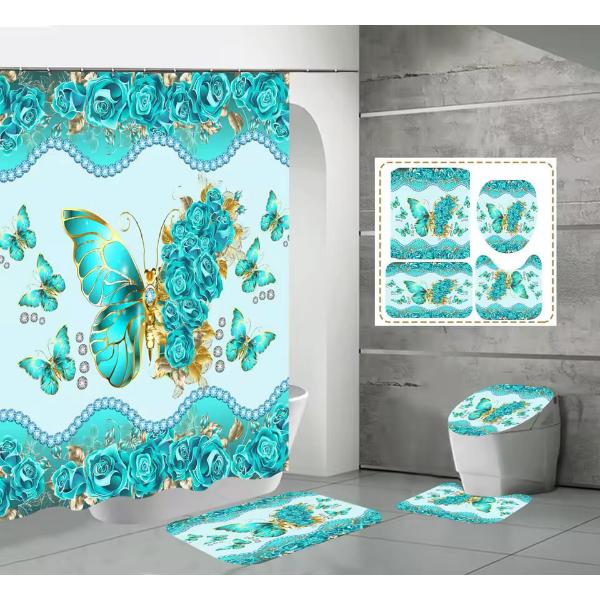 Set Pentru Baie: Perdea, Covorase Si Husa De Toaleta -  Turquoise Butterflies