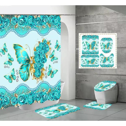 Set Pentru Baie: Perdea, Covorase Si Husa De Toaleta -  Turquoise Butterflies