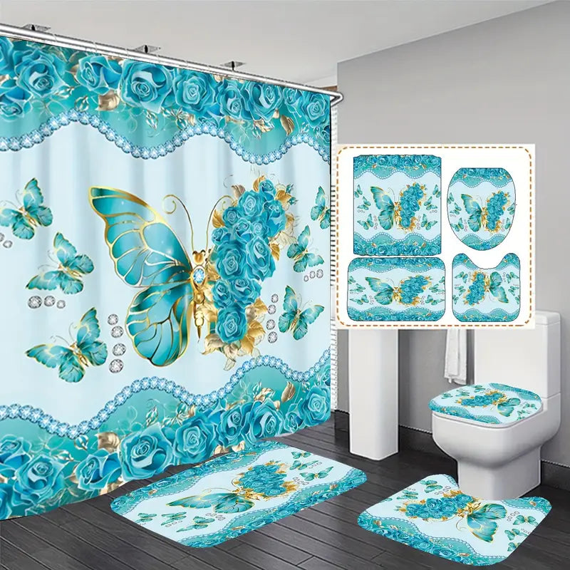 Set Pentru Baie: Perdea, Covorase Si Husa De Toaleta -  Turquoise Butterflies