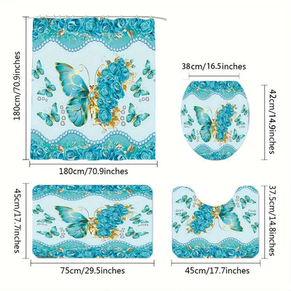 Set Pentru Baie: Perdea, Covorase Si Husa De Toaleta -  Turquoise Butterflies