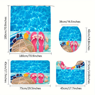 Set Pentru Baie: Perdea, Covorase Si Husa De Toaleta -  Summer Beach