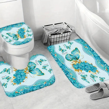 Set Pentru Baie: Perdea, Covorase Si Husa De Toaleta -  Turquoise Butterflies